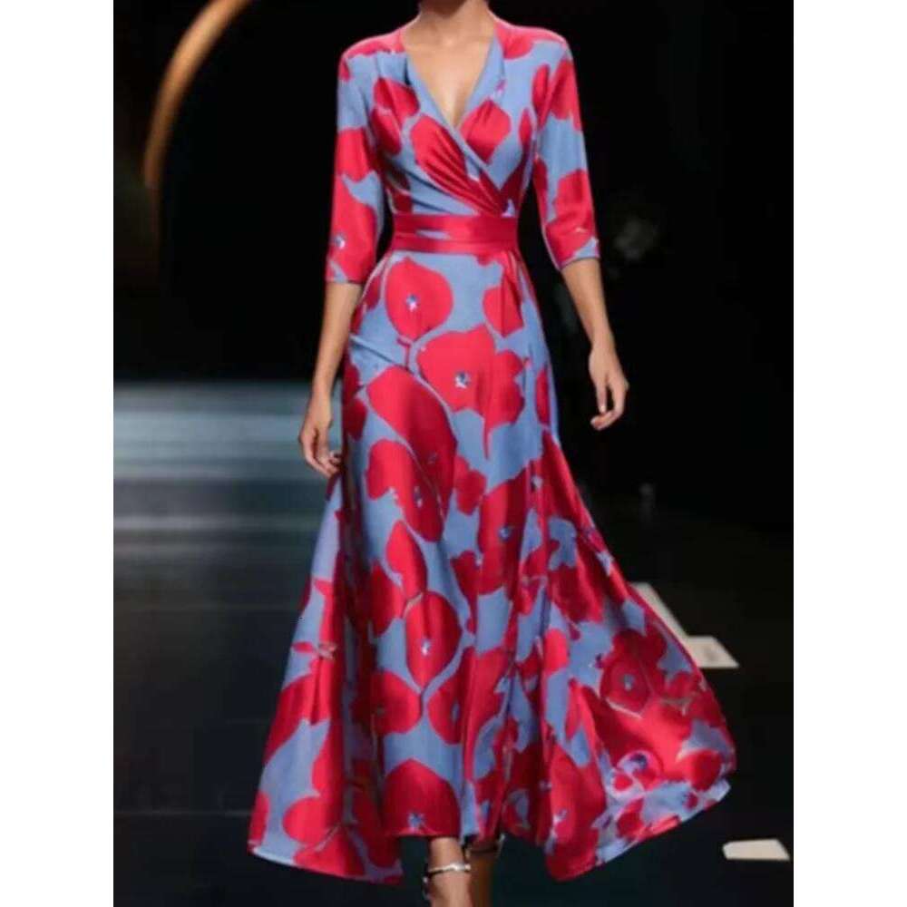 High Waisted V-neck Long Sleeved Geometric Printed Dress Fashionable Elegant Daily Street Wear Women's Dresses