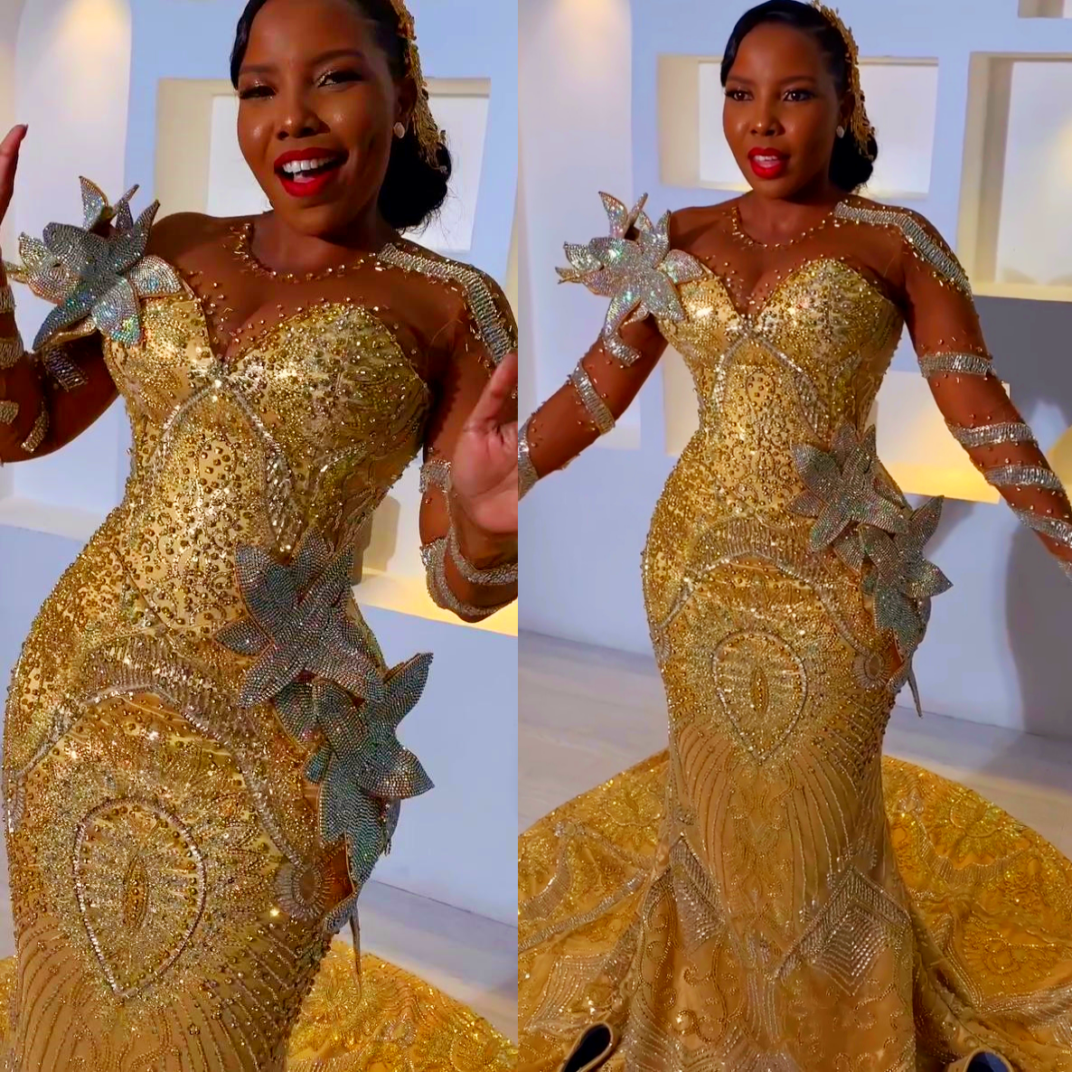 Aso Ebi Gold Mermaid Prom Dresses 2026 Beaded Crystals Flowers Sequined Evening Formal Party Second Birthday Engagement Gowns Dress For Special Occasi