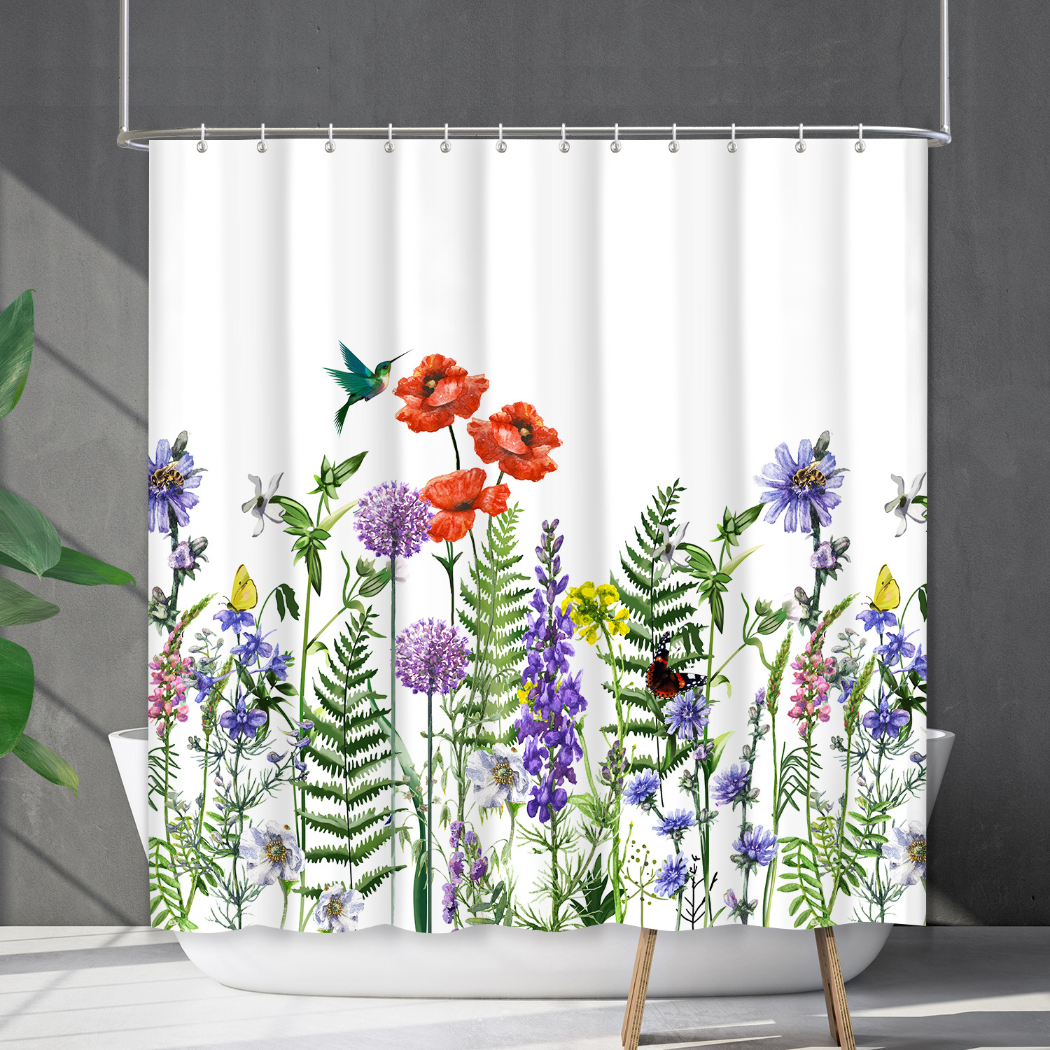 YL-38182 Bathroom Waterproof Shower Curtain Set, Floral Plant Curtain, Flower Shower Cover, No Drill Required