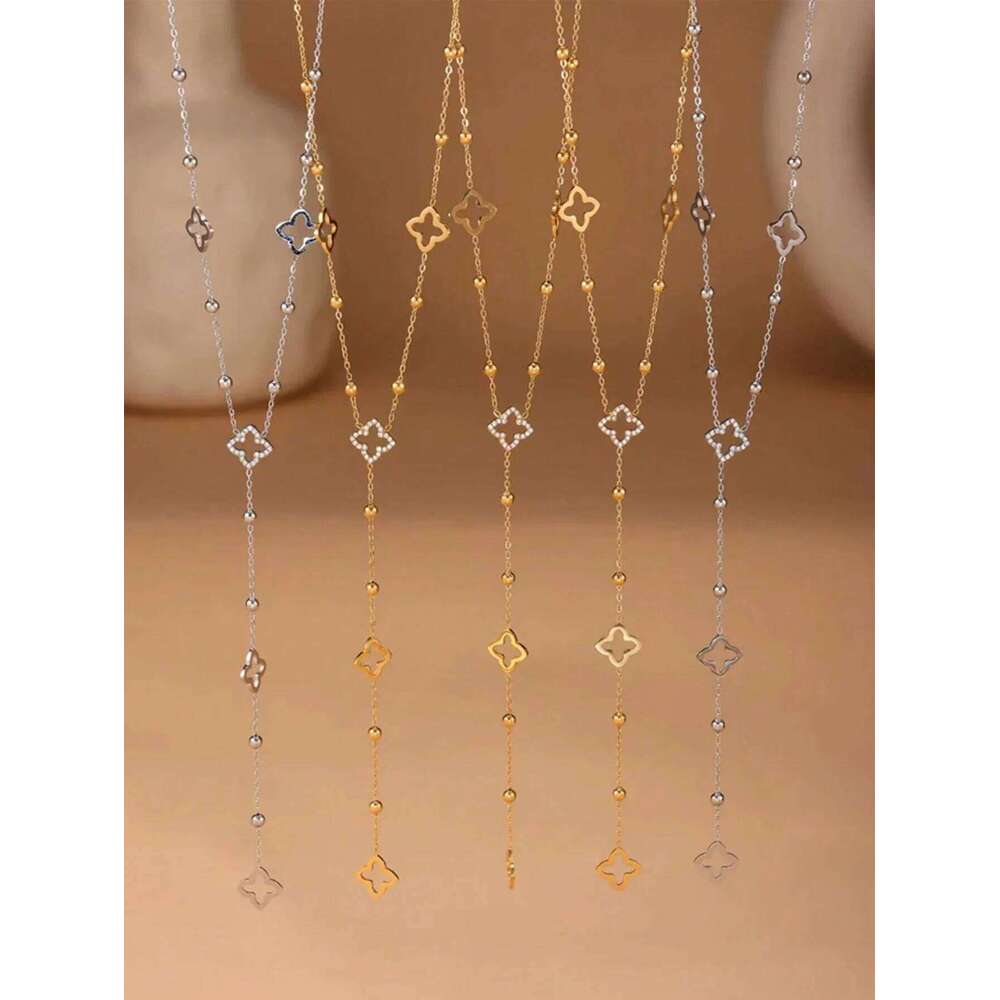 Jewellery Necklace Luxury Stainless Steel Four-Leaf Clover Diamond-Studded Y-Chain Hollow Heart Collar for Party and Anniversary Gift High Quality Tex