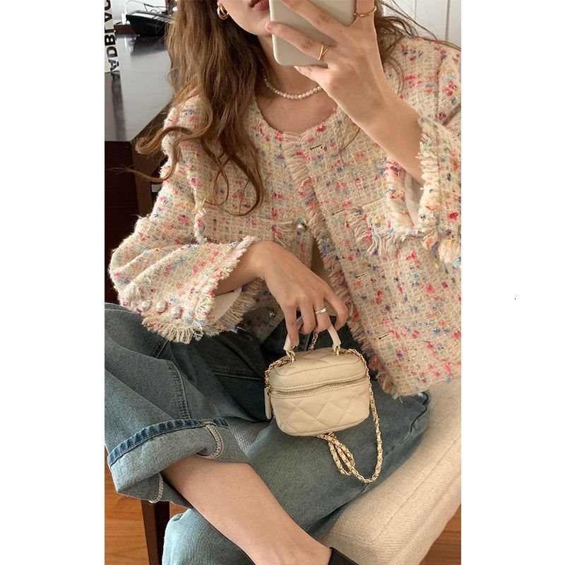 French celebrity small fragrance rainbow short coat womens Korean style versatile temperament tweed tassel Jacket Top 230726