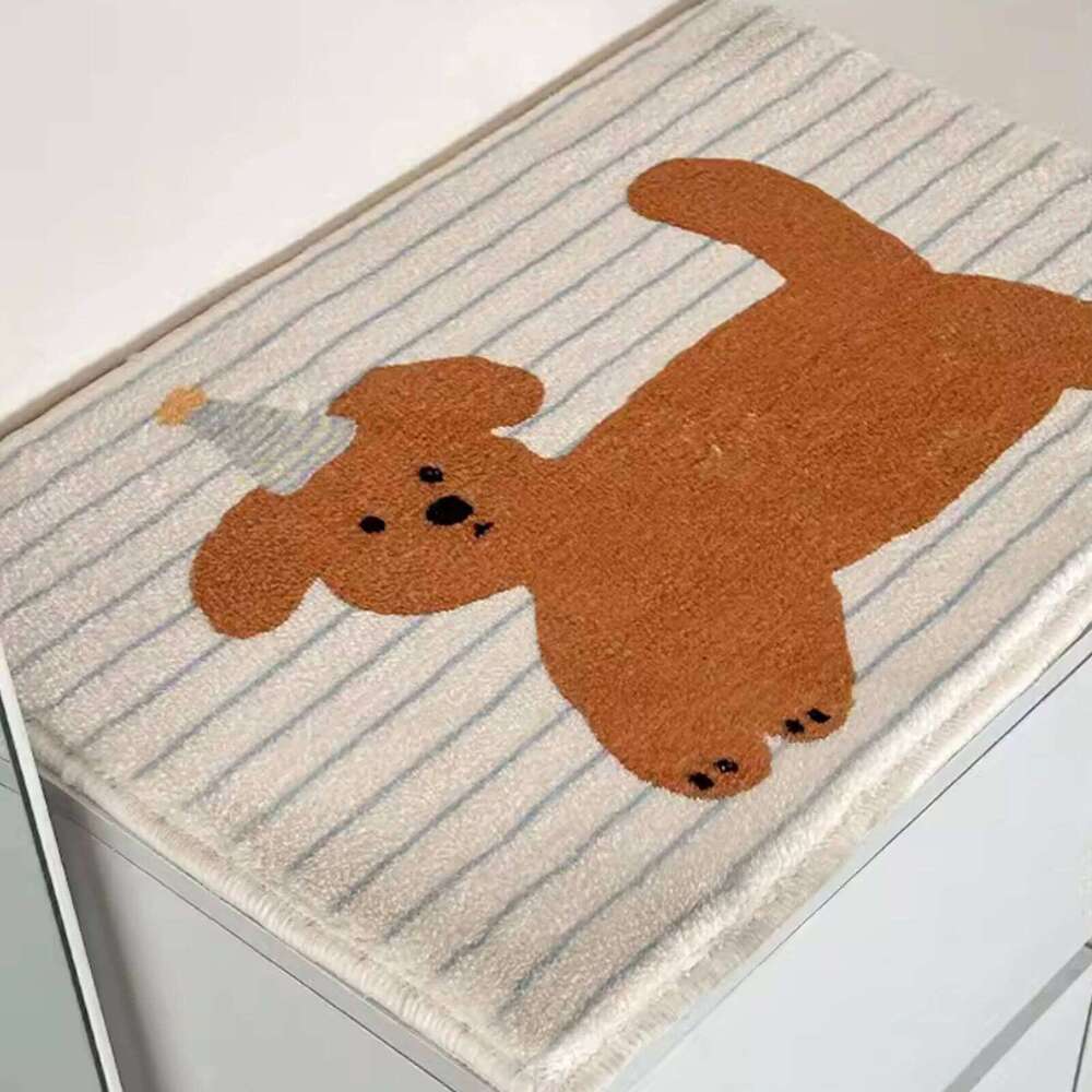 Striped puppy printed short fleece bathroom anti-slip cute style door mat, indoor small carpet