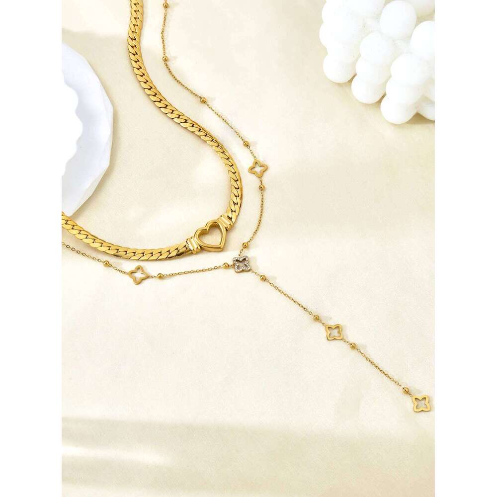 Jewellery Necklace Luxury Stainless Steel Four-Leaf Clover Diamond-Studded Y-Chain Hollow Heart Collar for Party and Anniversary Gift High Quality Tex