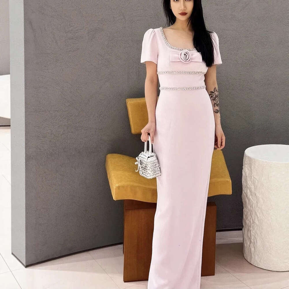 French Niche 26 Summer New Elegant Pink Rose Flower Large Round Neck Short Sleeve Dress Long Skirt