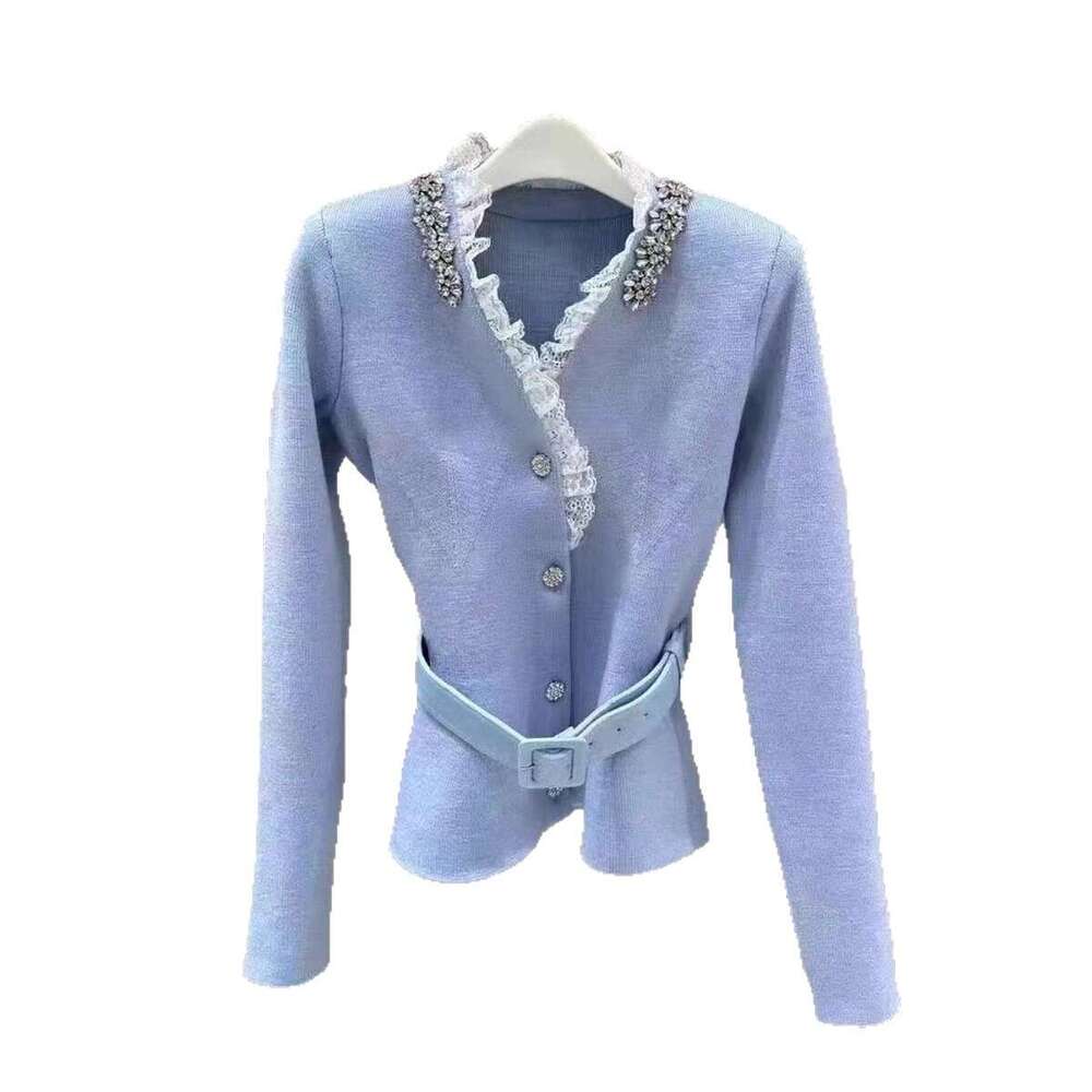French Niche 26 Autumn New Elegant Socialite Style V-neck Lace Rhinestone Knitted Cardigan Jacket Top