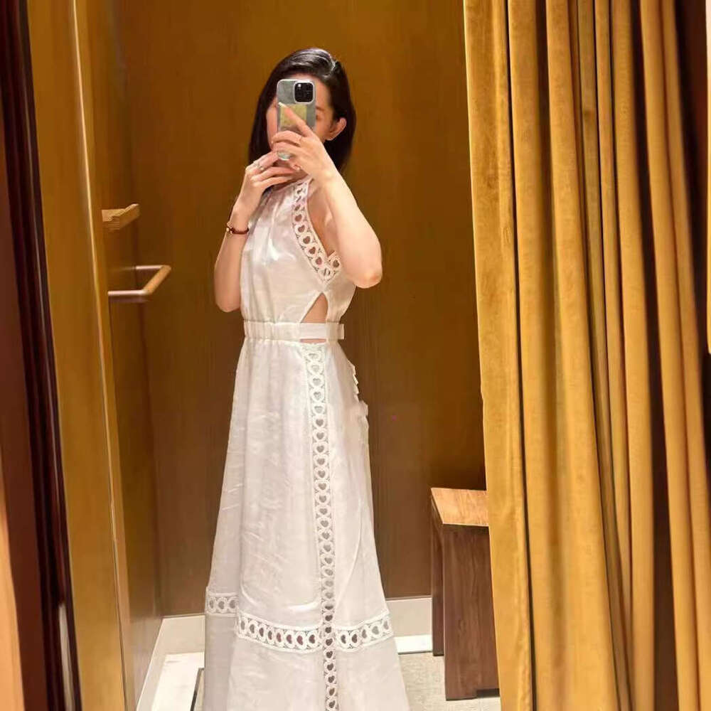 2026 Summer New French Style White Heart-shaped Hollow Lace Edge Halter Backless Dress