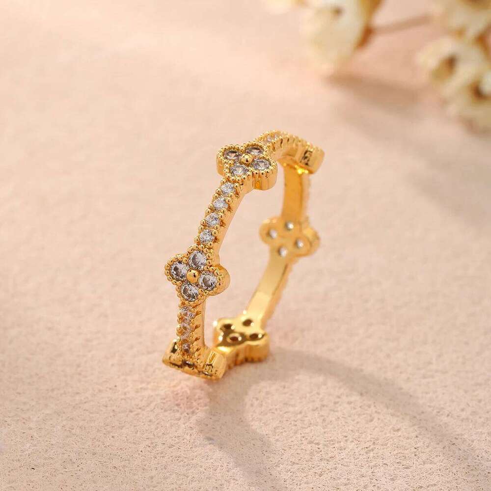 Jewellery Ring Gold Plated Cubic Zirconia Four Leaf Clover Eternity Adjustable Vintage Stacking Band for Anniversary Special Occasion Gift High Qualit