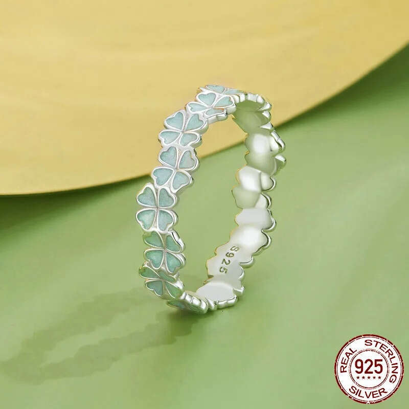 Ring Jewellery 925 Sterling Silver Four Leaf 1 Clover Mint Green Leaves Vine Adjustable Band for Party Daily Wear Gift High Quality Texture