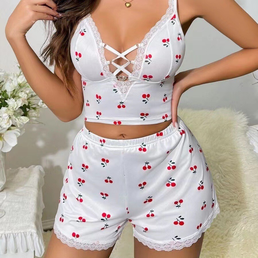 Designer Women's Sleepwear Cherry Print Vest Shorts Two-piece Set Deep V High-quality Home Wear Breathable Soft Clothing Brand Clothing