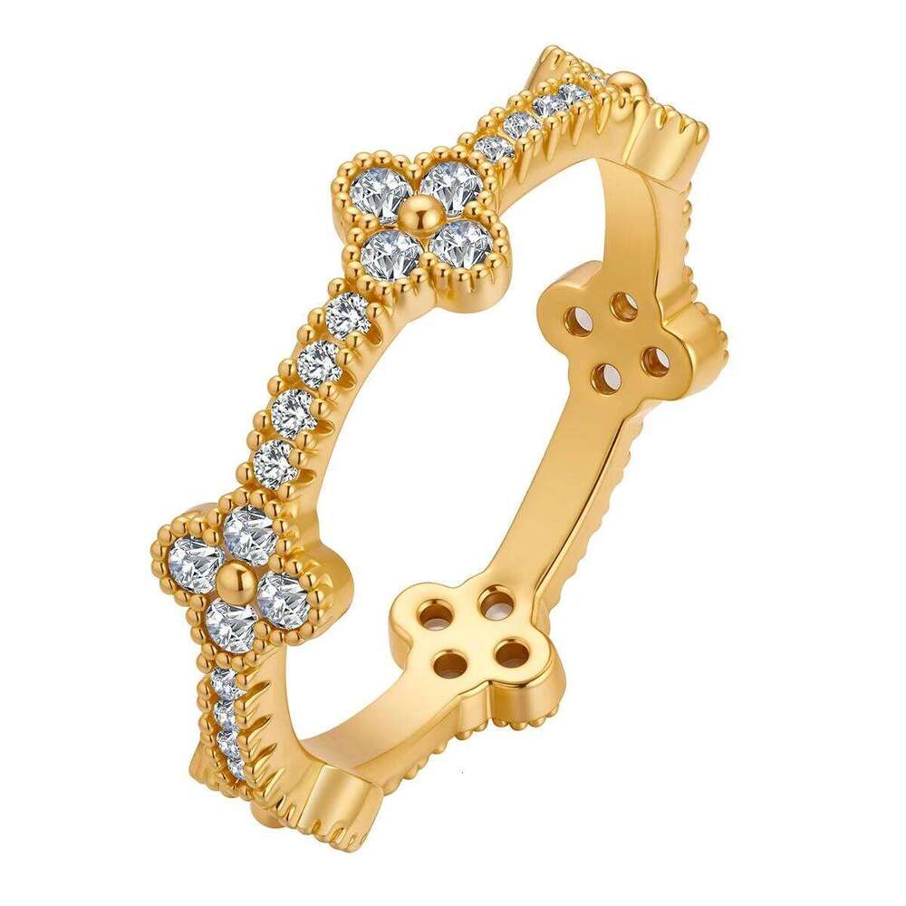 Jewellery Ring Gold Plated Cubic Zirconia Four Leaf Clover Eternity Adjustable Vintage Stacking Band for Anniversary Special Occasion Gift High Qualit