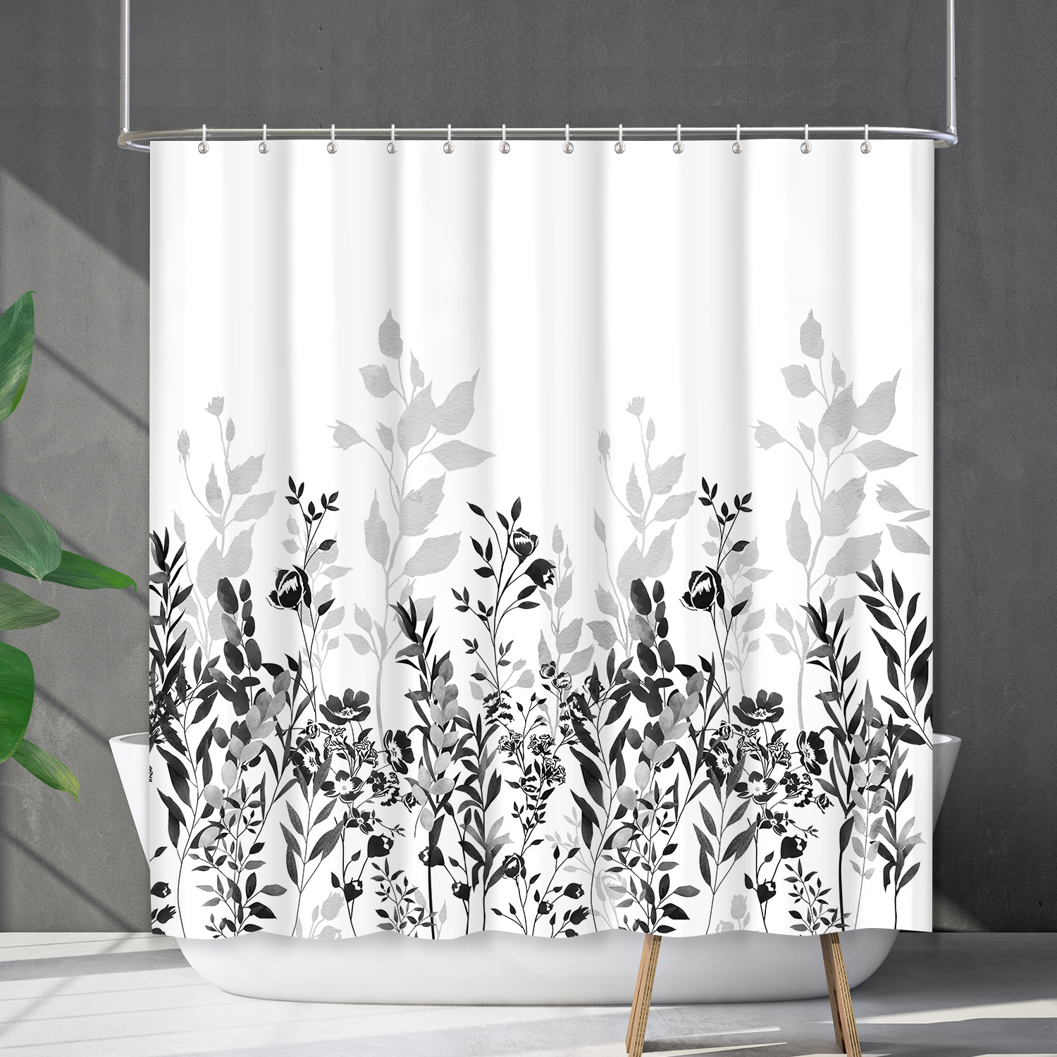 YL-38184 Waterproof Shower Curtain Set with Floral and Plant Designs, Shower Coverage, No Drill Required