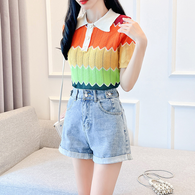 Summer Design Loose Rainbow Striped Polo Neck TShirt Ice Silk Knit for Women 230419