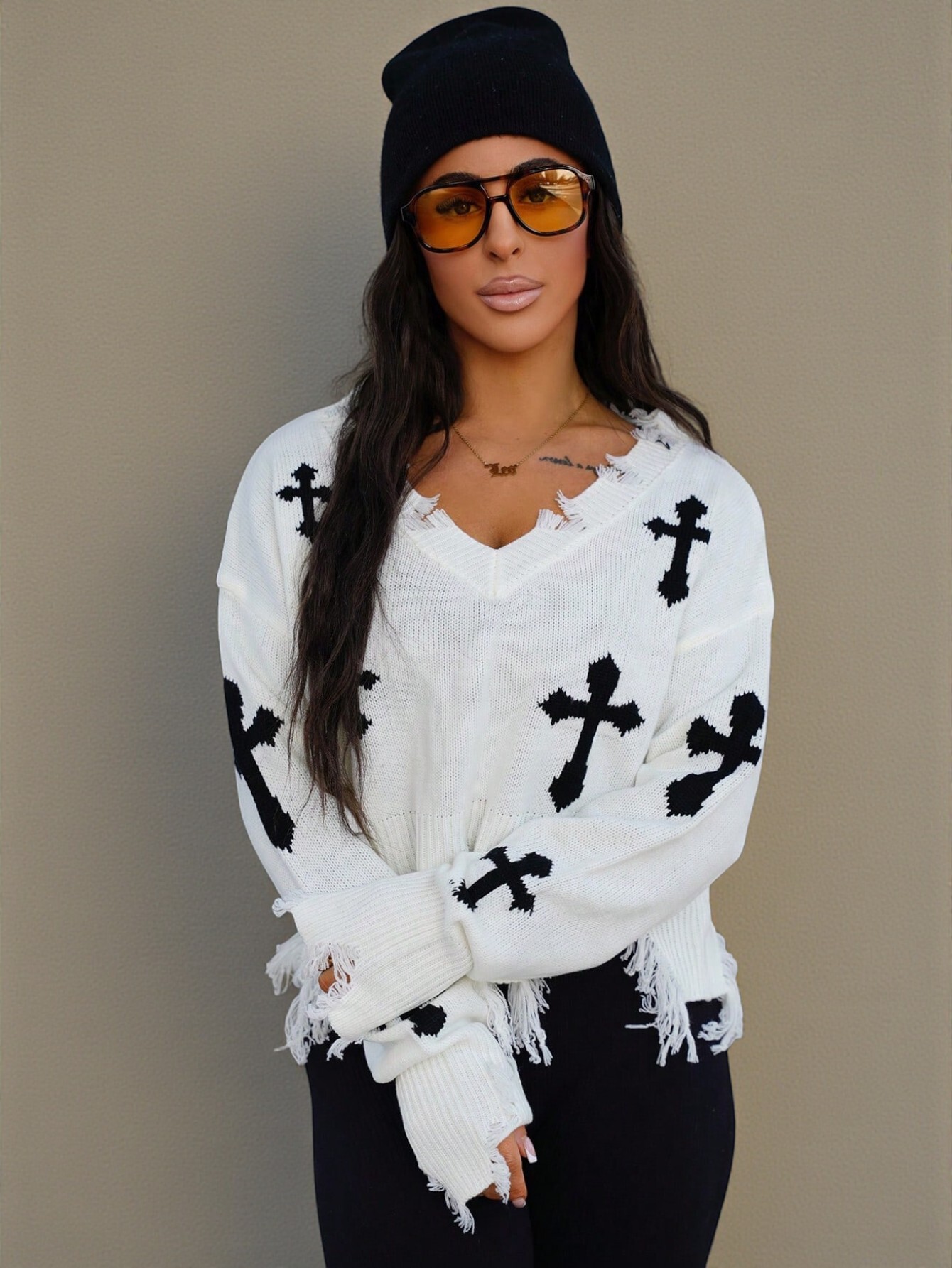 Luxury Brand Designer Clothes Foreign Trade Frayed Edge Cross Design Knitted Sweater Top Trendy Versatile Loose Pullover Sweater For Women Autumn Wint