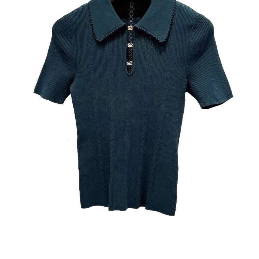 2026 Early Autumn Elegant Fashion Slim Fit Polo Collar Hollow Metal Chain Short Sleeve Knitted T-Shirt Top