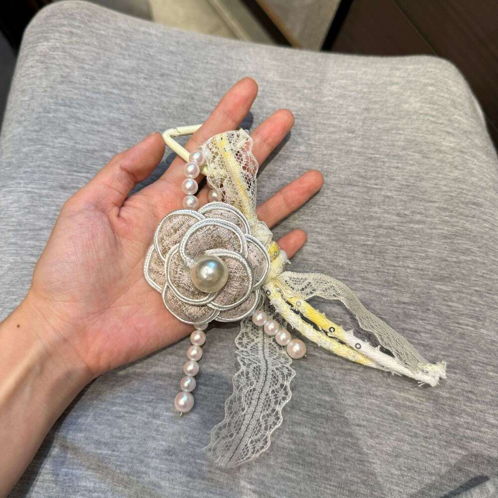 Bag Charm Keychain French Camellia Pearl Tassel with Lace Ribbon for Handbag Phone Decoration