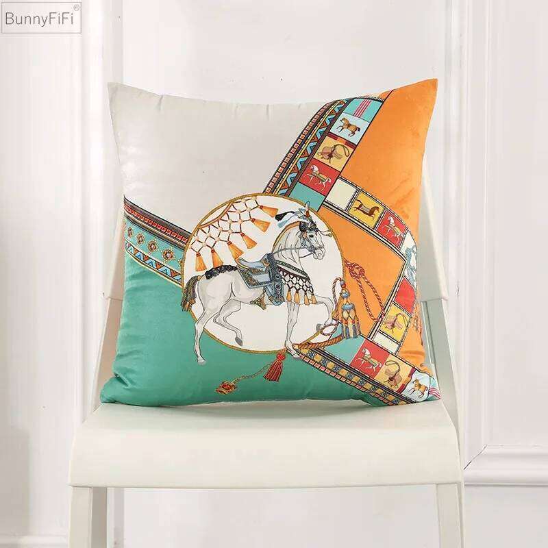 45x45cm Dutch Velvet Pillow Case Luxury Style Cushion Cover White Horse Printed Pillowcase For Bed Sofa Office Chair Car Pillows - view 5