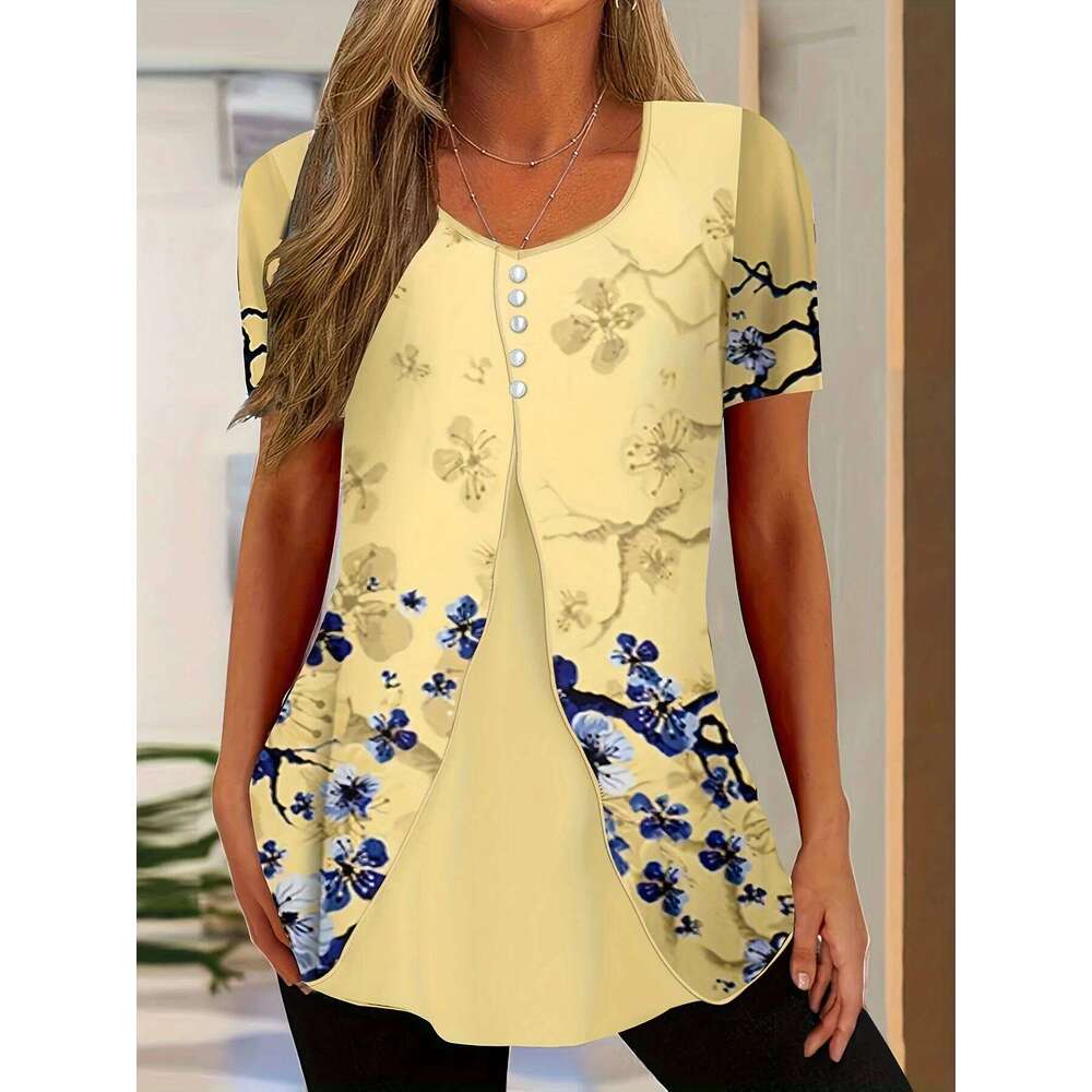 Elegant Fake Two-Piece Women's Round Neck Short Sleeved Button Blouse Summer Office Lady Work Casual Top