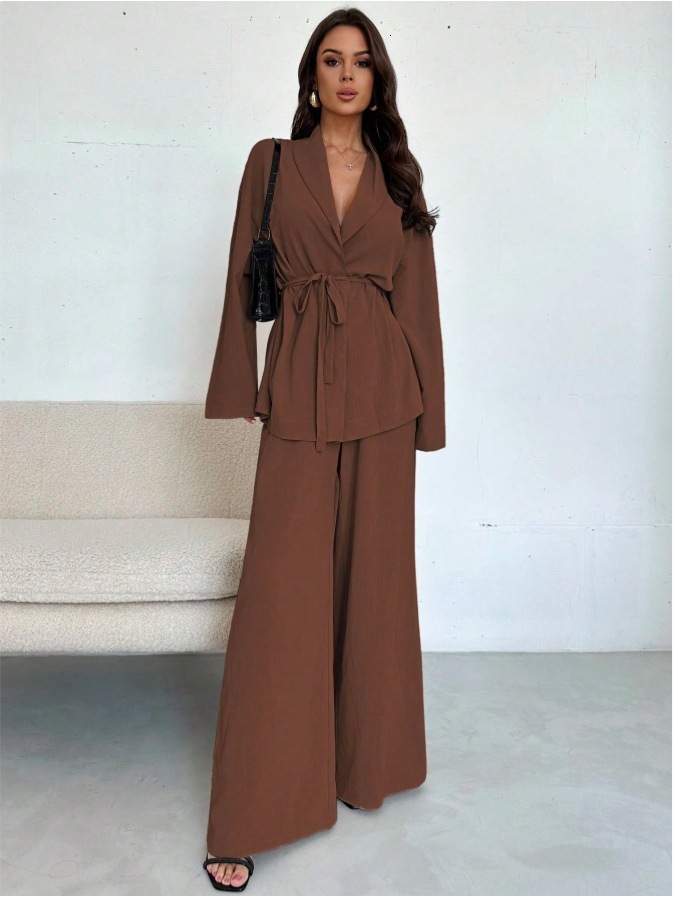 2025 Autumn Winter European American Amazon Cross-Border Fashion V-Neck Women's Elegant Long Sleeve Wide-Leg Pants Set