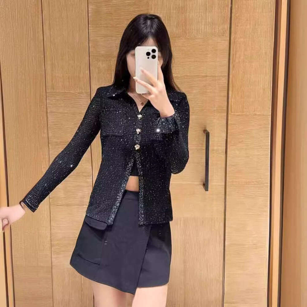 2026 Spring Summer SP Classic Black Diamond Embellished Beaded Long Sleeve Knitted Cardigan Top