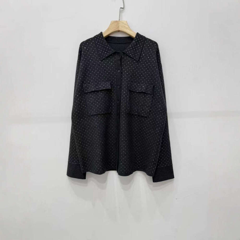 French Elegant 26 Autumn Winter Dimur Style Fashionable Gray Rhinestone Decorated Turn-Down Collar Knitted Cardigan + Long Pants Set