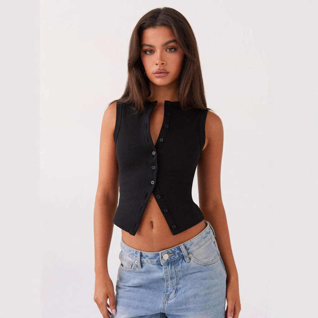 2025 Spring Summer Amazon European and American Hot-Selling Slim Fit Short Ribbed Sleeveless Button Vest T-Shirt Cross-Border Trade for Women