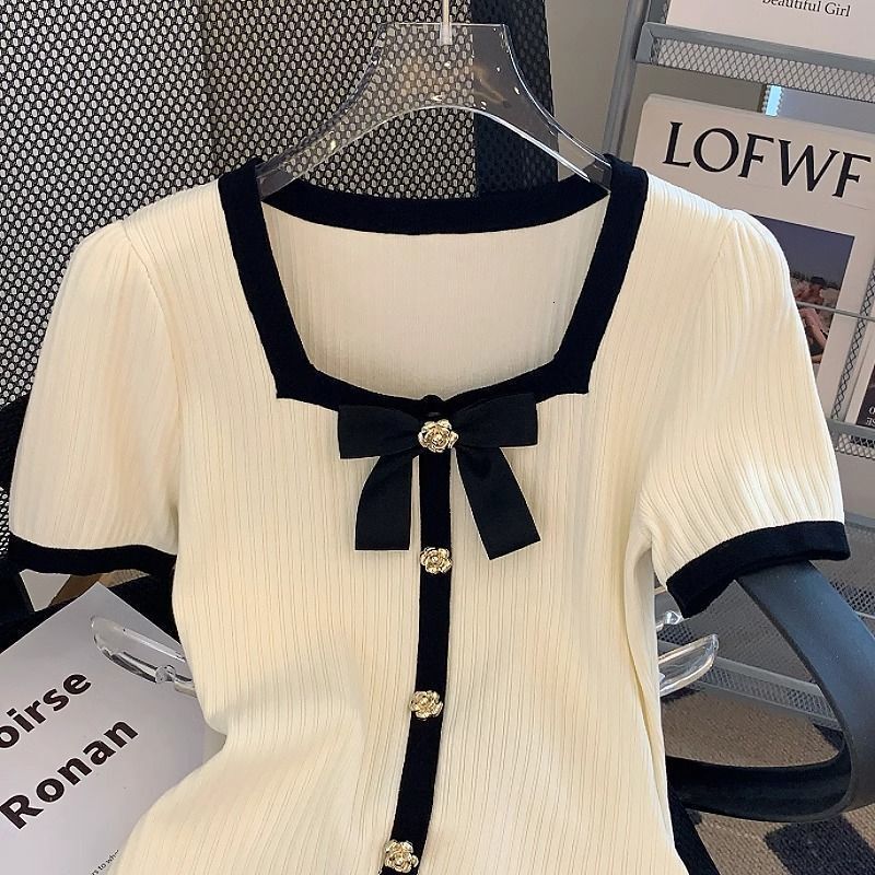 Luxury Brand Designer Clothes Little Style Apricot Square Neck Short Sleeve Short Ice Silk Knitted Top For Women 2025 Summer New Bowknot Shirt