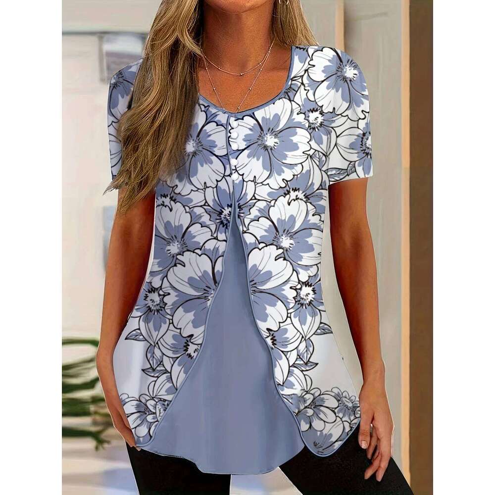 Elegant Fake Two-Piece Women's Round Neck Short Sleeved Button Blouse Summer Office Lady Work Casual Top