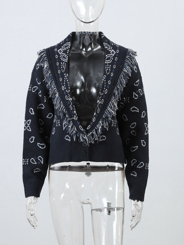 Tassel Patchwork Printed Cardigan Women Jacquard Turn-down Collar Long Sleeve Belt Waisted Knitted Sweater 2025 Autumn Cardigans 251117