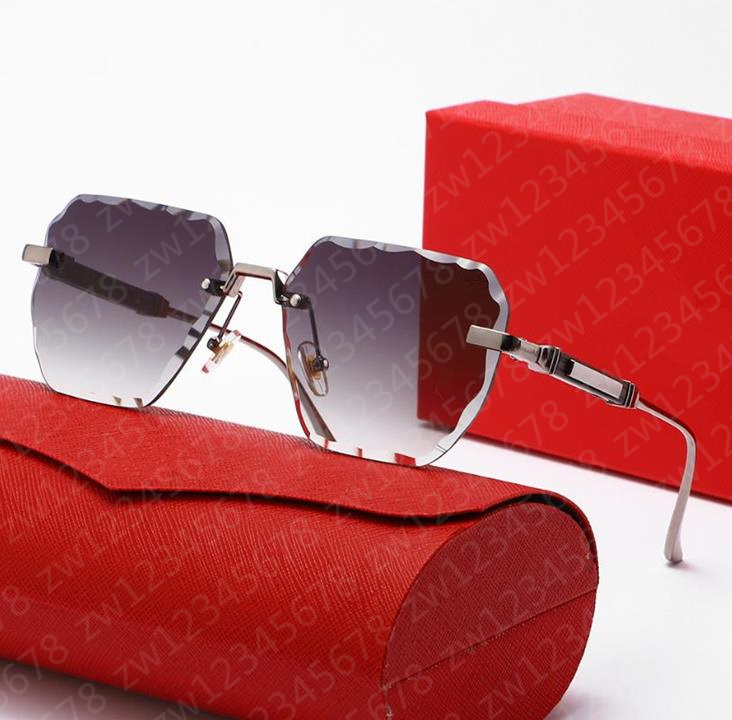 Luxury sunglasses for women sun glasses men diamond cutting lenses Gold and Silver Rimless Metal square Optical Frame Black Grey color Sunshades ladies Eyewear