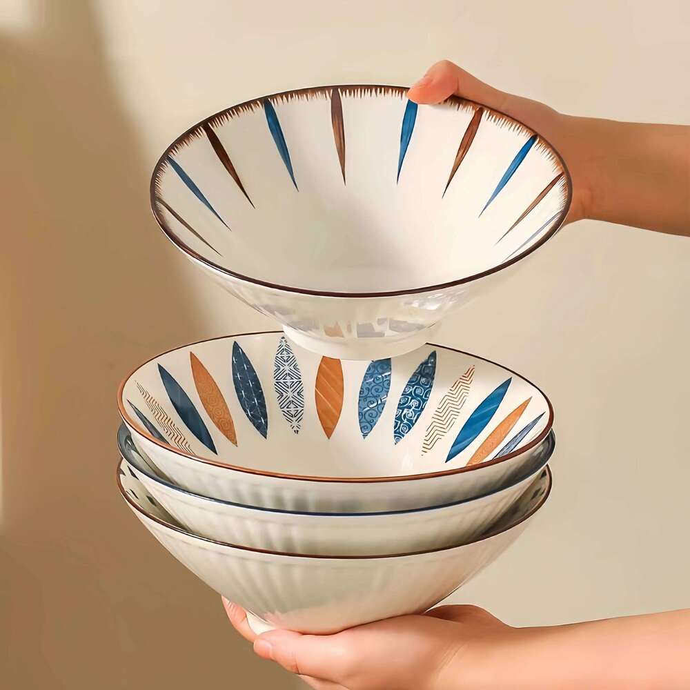 Kitchenware Household Dining Room Tableware Premium Ceramic Ramen Bowl Soup Noodle Bowl Outdoor Living Room Bucket Design Threaded Soup Bowl for Noodl