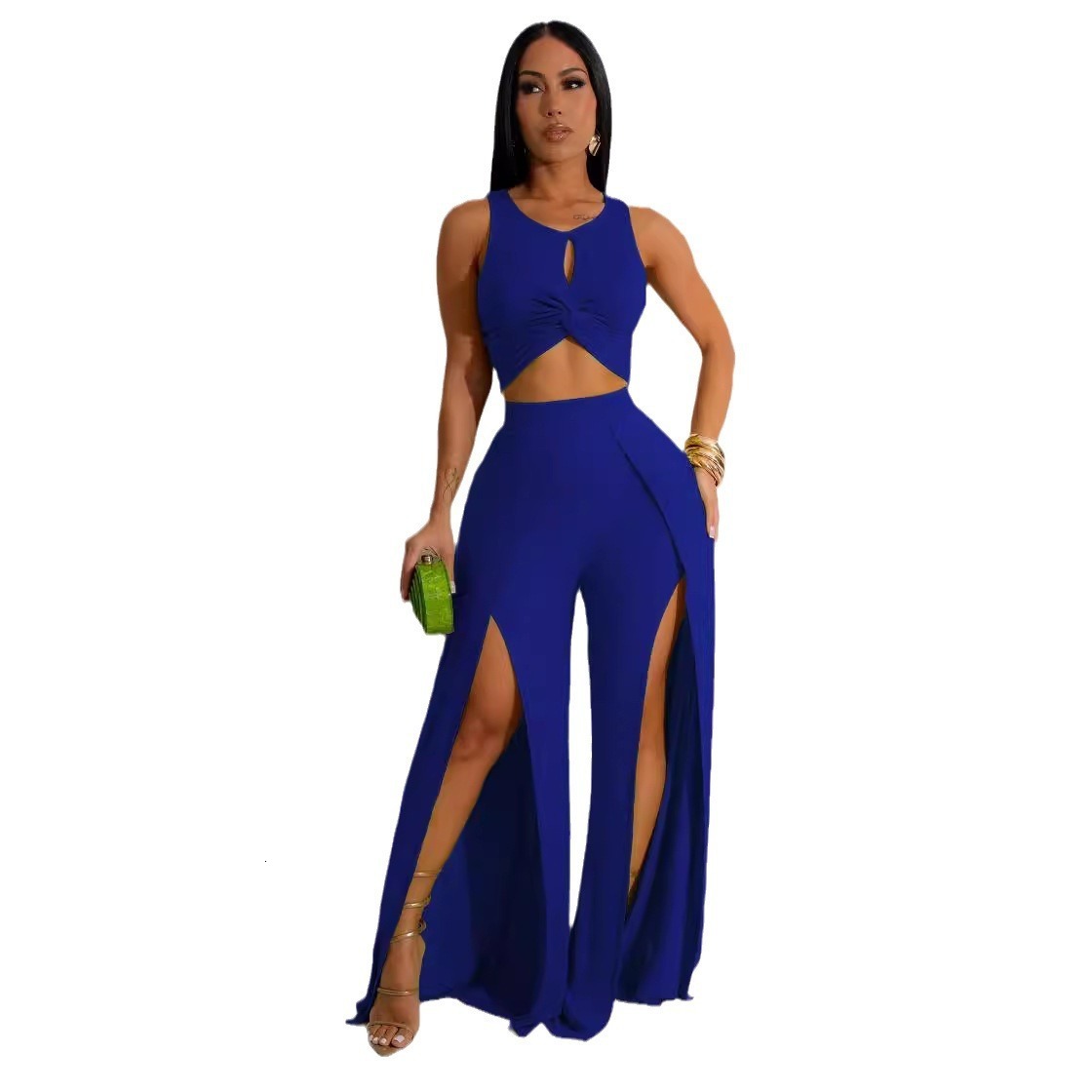 TW468 Fashion Casual Set with Split Vest and Wide-Leg Pants Two-Piece Set for Women C19041601