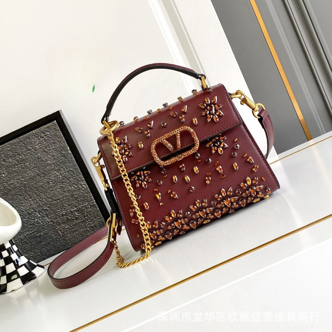 2025 Designer Top Grain Leather Handbag: Luxury Gemstone Embellished Shoulder Bag, Elegant Top Handle Crossbody Purse for Women