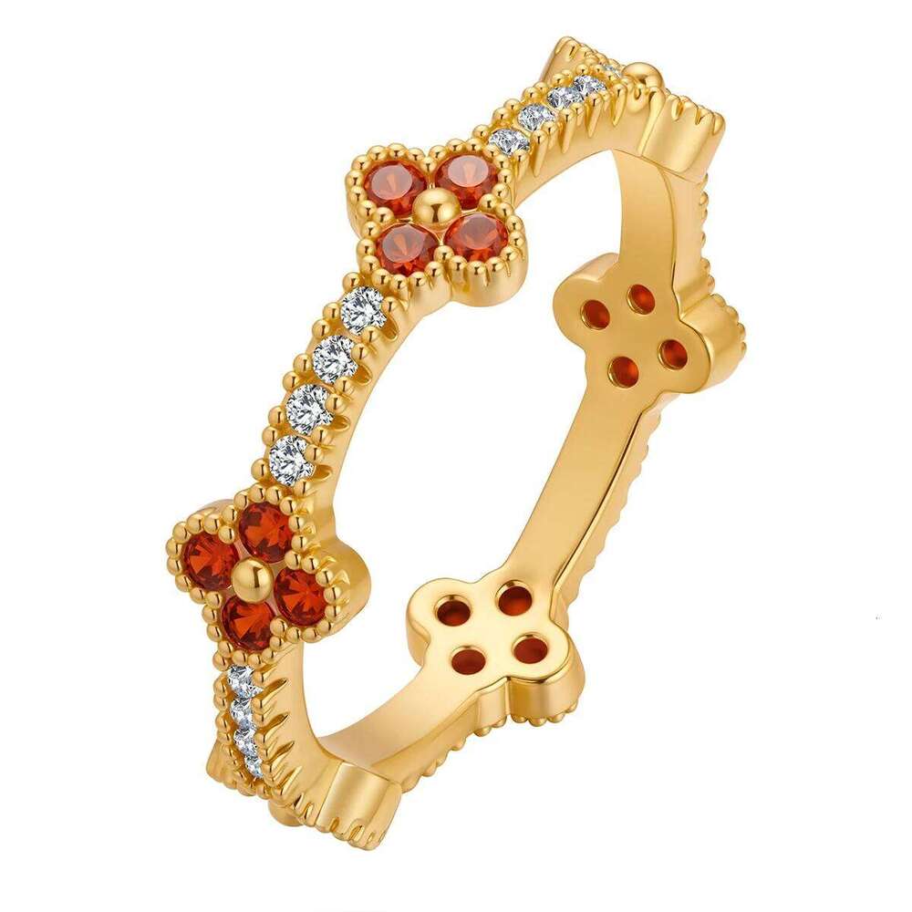 Jewellery Ring Gold Plated Cubic Zirconia Four Leaf Clover Eternity Adjustable Vintage Stacking Band for Anniversary Special Occasion Gift High Qualit