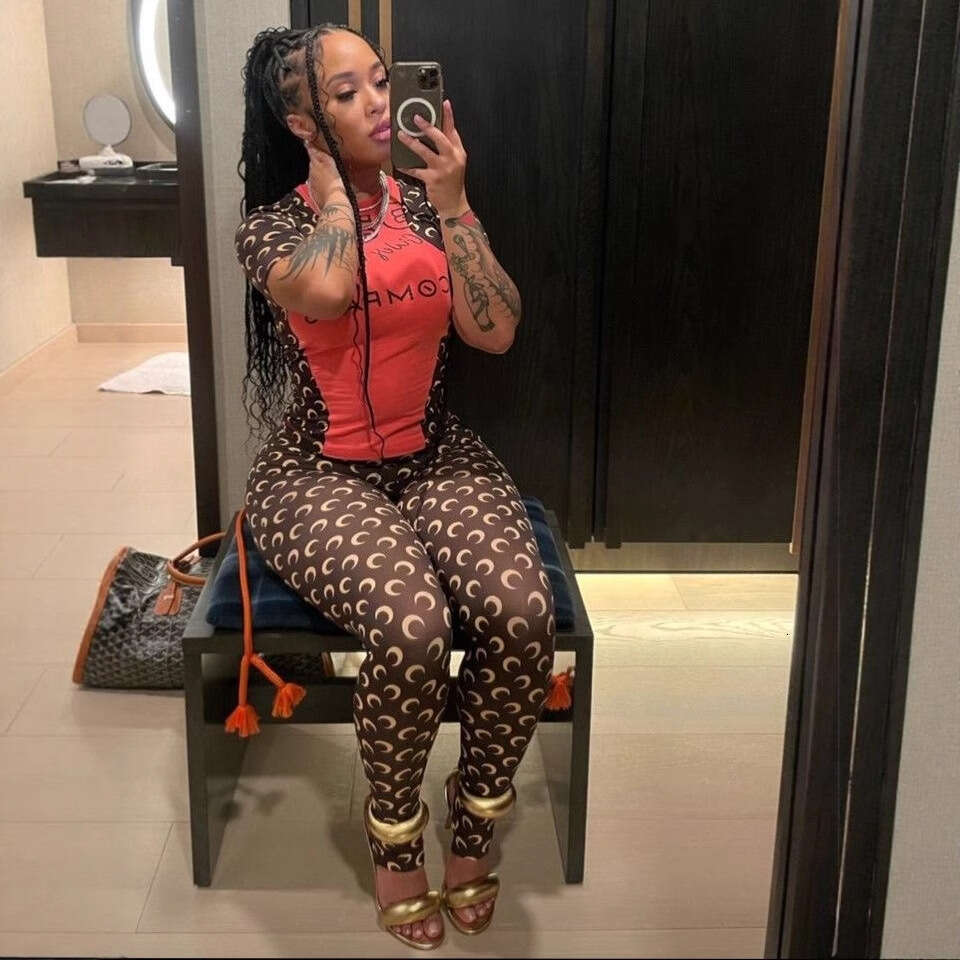 European American Hot-Selling Cross-Border Fashion Trend Moon Print Design Stretch Slim Sexy Base Shirt and Pants Set