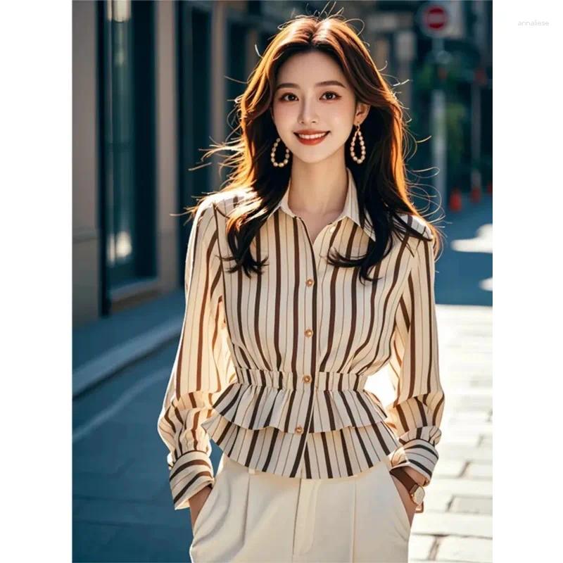 Women's T Shirts Striped Long - Sleeve Shirt Retro Hong Kong Style Color Blocking Collar Fashionable Commuting Top