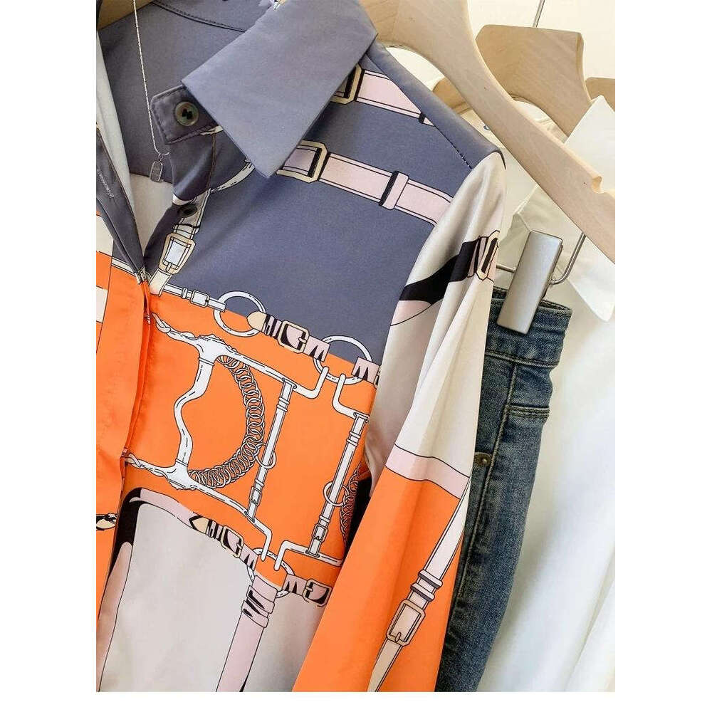 Women's Blouses Silk Orange Blue Equestrian Print Shirt Long Sleeve Casual Button-Down Blouse Lady Top Clothes Printing Plus Size