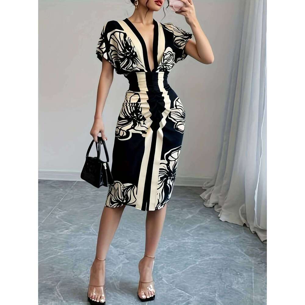 Women's Elegant Floral Dress Deep V Flutter Sleeves Midi Length Great for Special Occasions Dinner Dates Fashion-forward Looks
