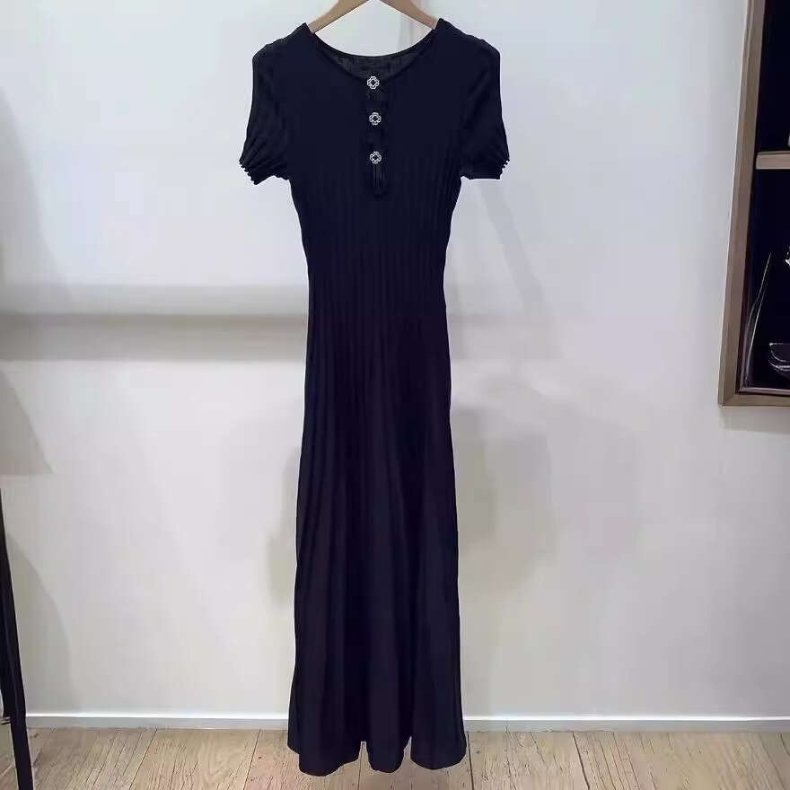 2026 Spring Summer New French Style Niche Hollow Waist Black Knitted Long Dress for Women M