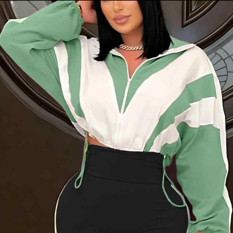 Without Pants Womens Color Block Short Jacket with Zipper and Drawstring Comfortable Elastic Jacket 240810