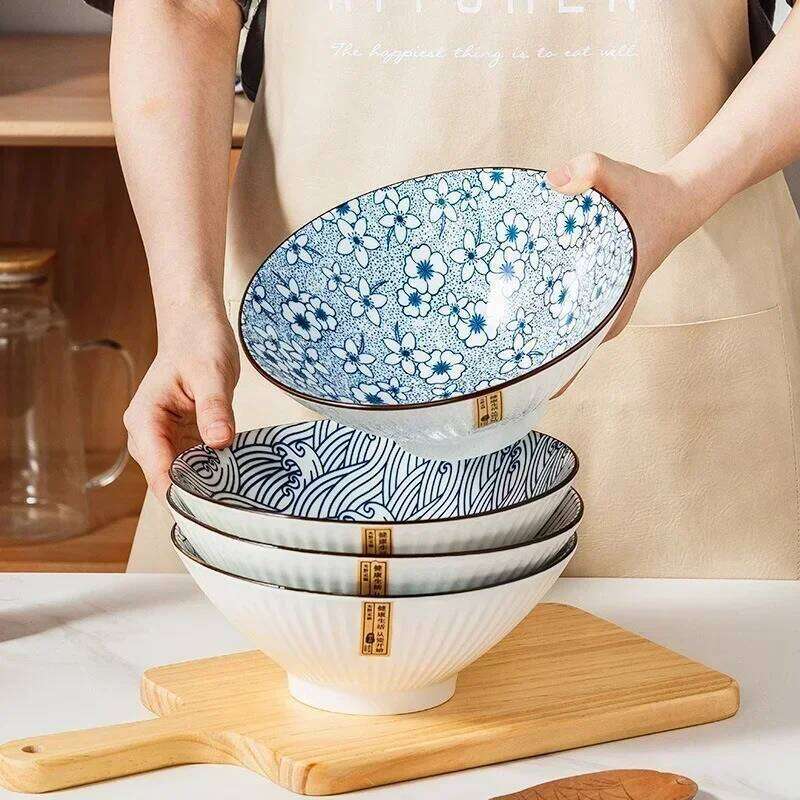 Big Soup Ceramic Tableware Japanese Style Bowl Household Large Ramen Bowl Bucket Hat Shape Trumpet Bowl