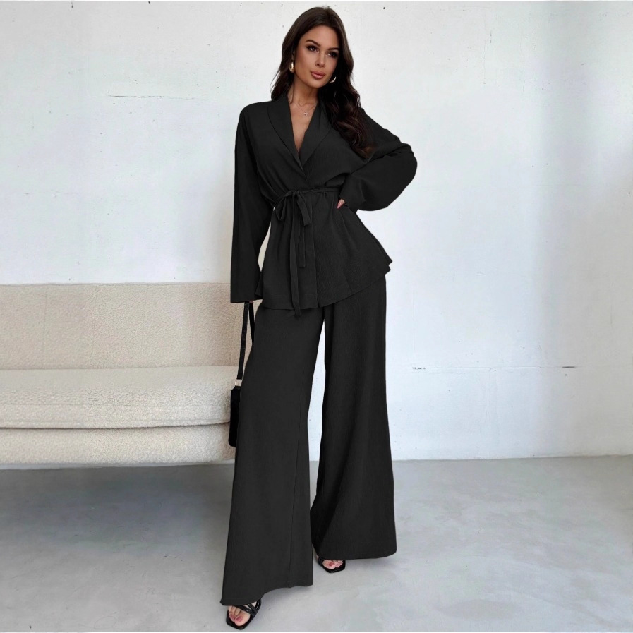 2025 Autumn Winter European American Amazon Cross-Border Fashion V-Neck Women's Elegant Long Sleeve Wide-Leg Pants Set