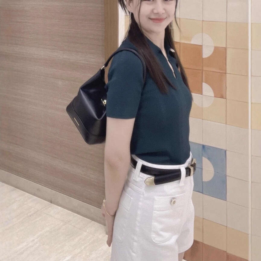 2026 Early Autumn Elegant Fashion Slim Fit Polo Collar Hollow Metal Chain Short Sleeve Knitted T-Shirt Top