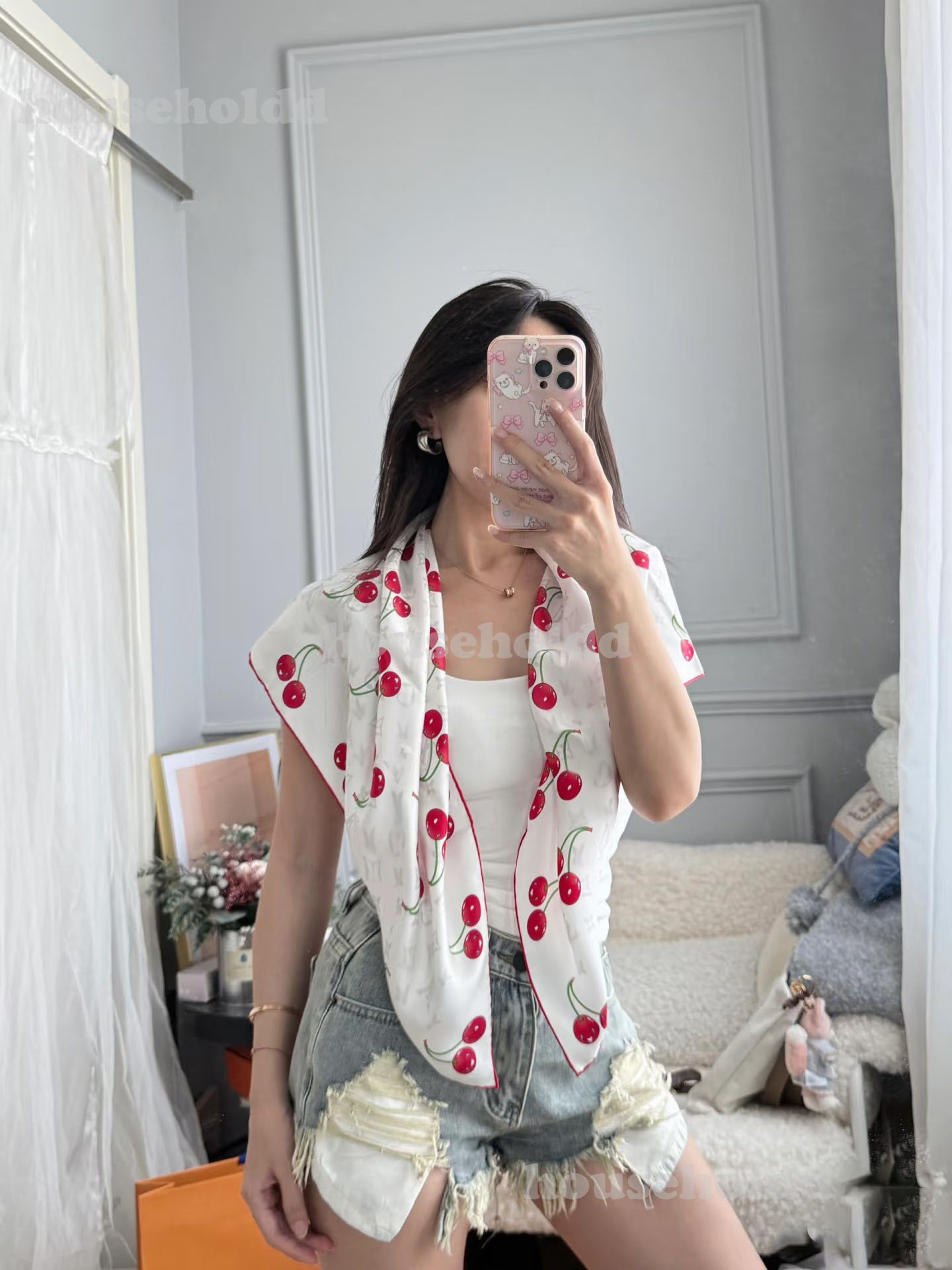 Luxury Square Satin Silk Scarf Women's Designer Cute Fruit Cherry Pattern Shawls and Wraps Fashion Small Bag Scarves Hair Tie Bandanas 90*90cm