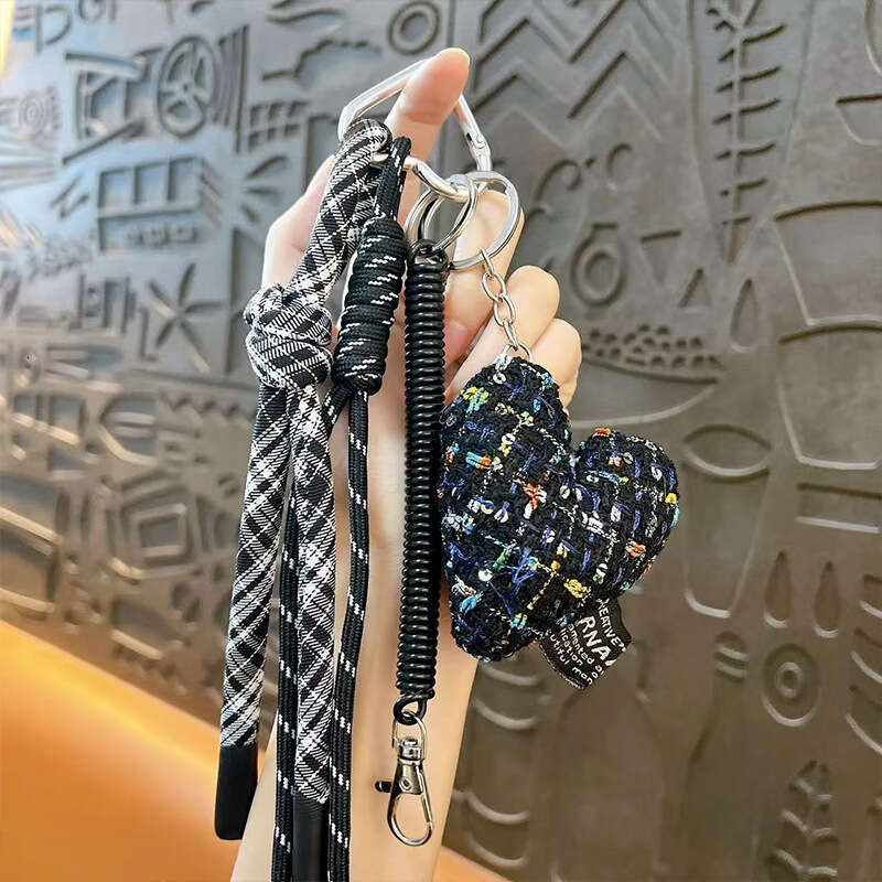 Bag Charm Tweed Heart Bag Charm Keychain with Plaid Tassel Strap Multi-use for Bag Phone