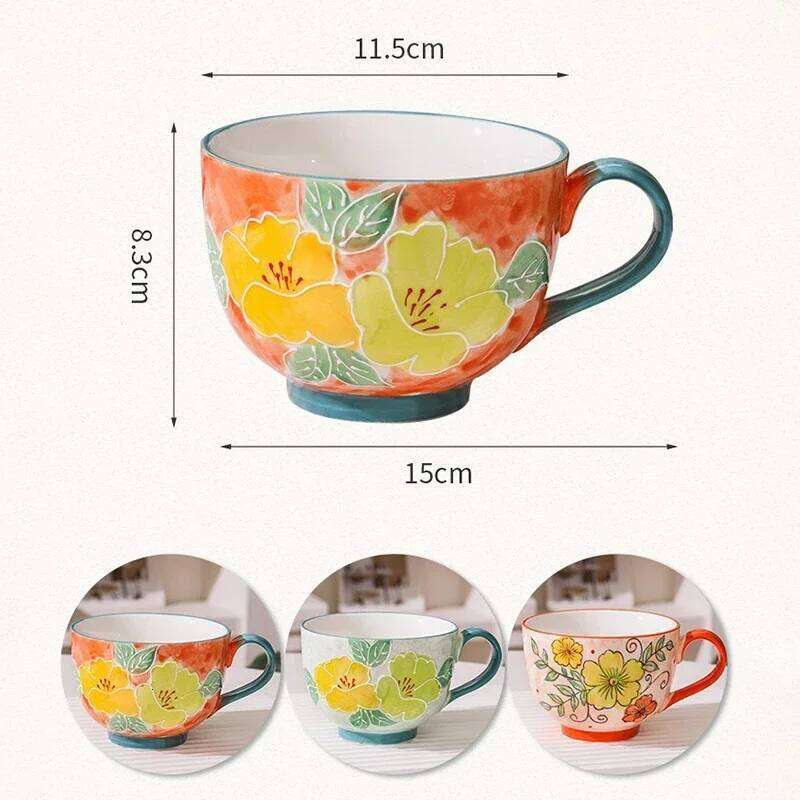 500ML Ceramic Coffee Mugs Large Capacity Hand-painted Relief Breakfast Cup Milk Oat Flower Tea Cups Creative Drinking Water Mug