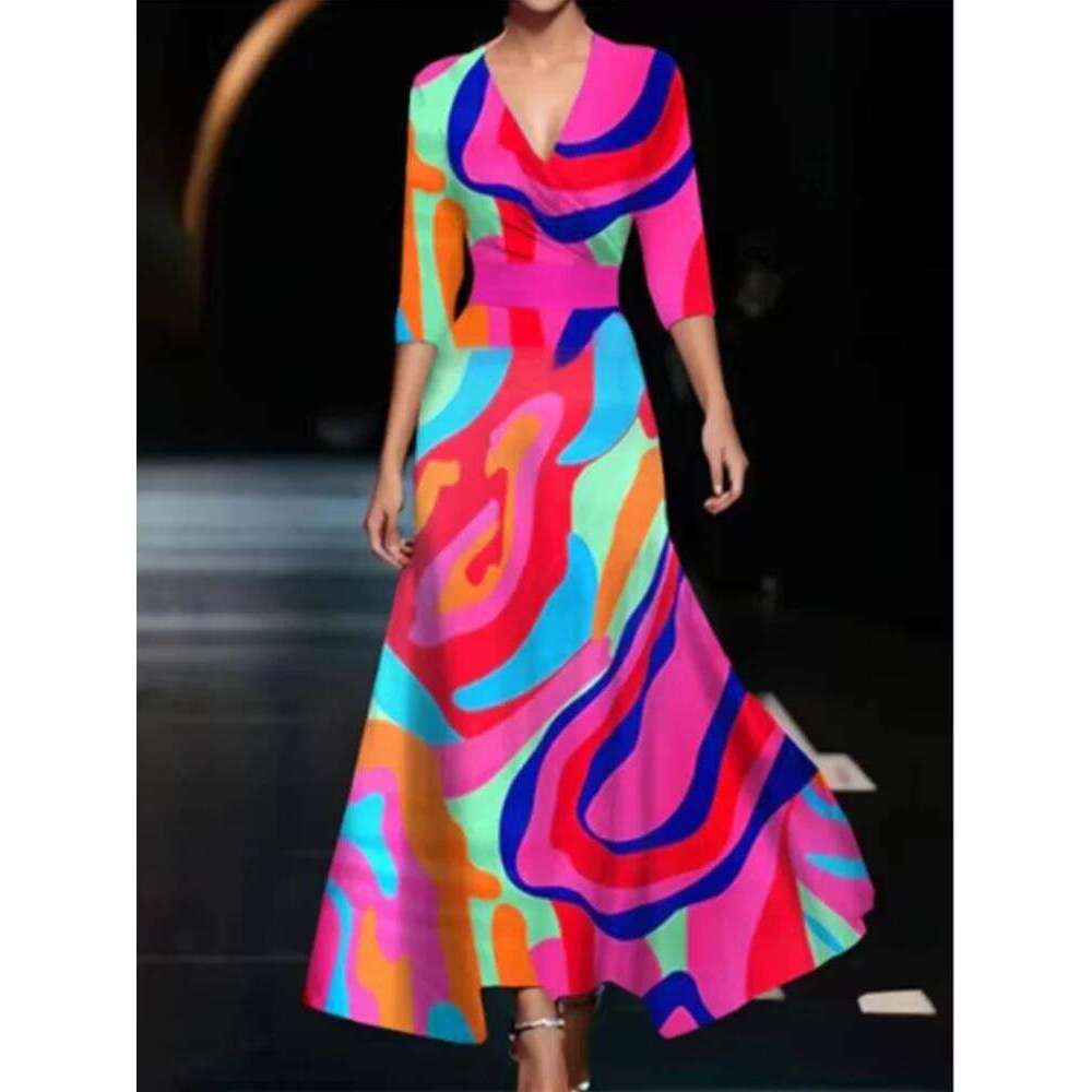 High Waisted V-neck Long Sleeved Geometric Printed Dress Fashionable Elegant Daily Street Wear Women's Dresses