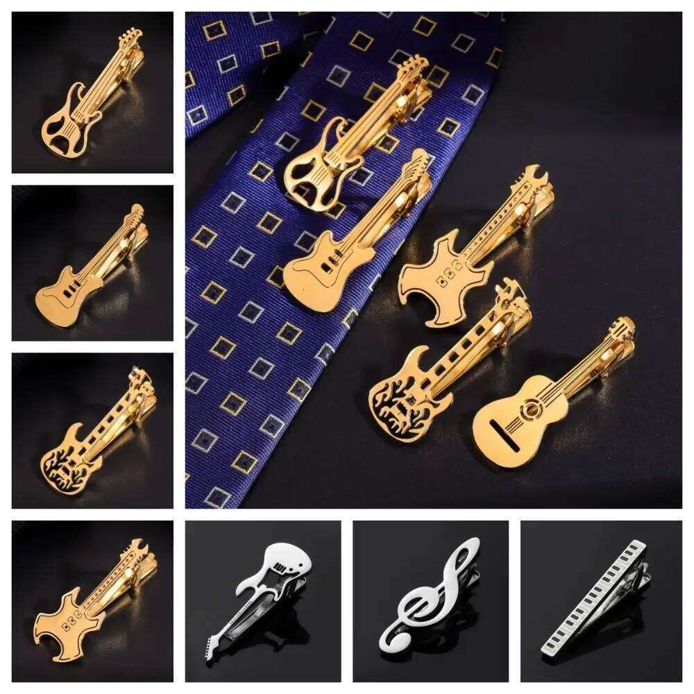 Fashion Treble Clef Guitar Clip Instrument Titanium Steel Music Note Tie Pin Punk Hip Hop Piano Necktie Buckle Men 26Y0119
