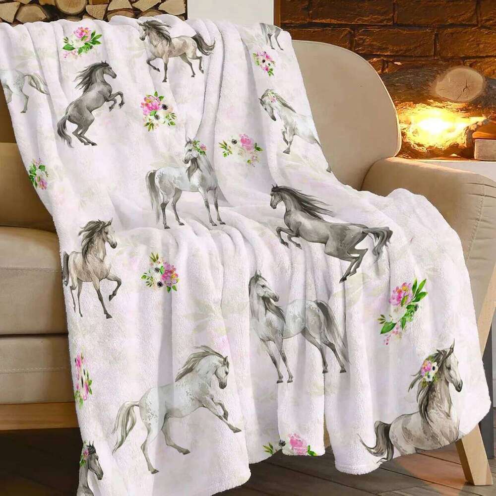 Horse Blanket Gift Girls Women Cartoon Horses Flannel Cute Farm Animal Blankets Soft Lightweight for Lovers Decor Sofa Bed