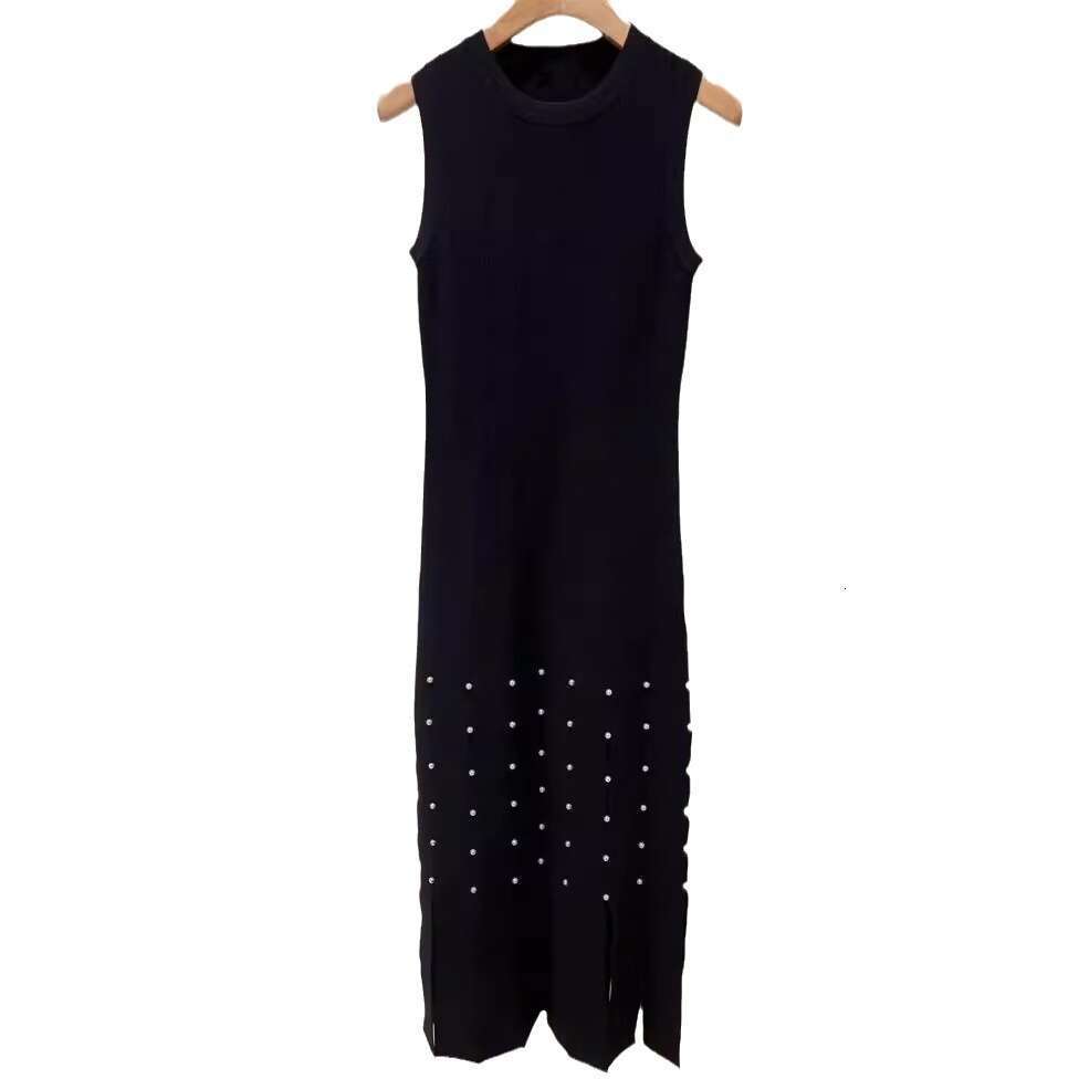 Fadan S Home 26 Spring Summer Elegant Mature Style Tassel Edge Pearl Decor Waist-Cinching Sleeveless Mid-Length Knitted Dress