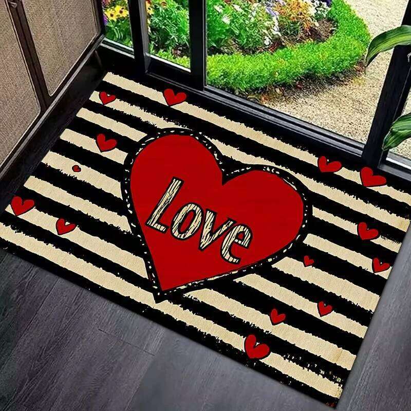 Checked Heart Print Doormat Sweet Cute Home Rug Water-absorbent Non-slip Mat for Doorway Living Room Valentine's Day Decor
